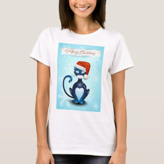 Merry Christmas with Black Cat with Santa's Hat T-Shirt
