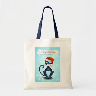 Merry Christmas with Black Cat with Santa's Hat Tote Bag
