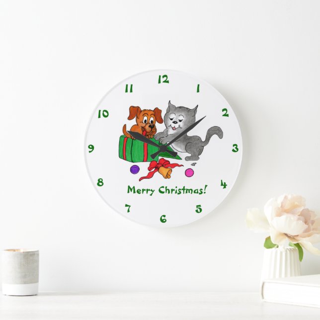 Merry Christmas with Cat and Dog Large Clock (Home)