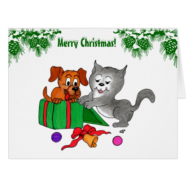 Merry Christmas with Cat and Puppy (Front Horizontal)