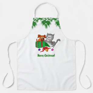 Merry Christmas with Cat and Puppy Apron