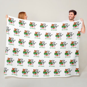 Merry Christmas with Cat and Puppy Fleece Blanket