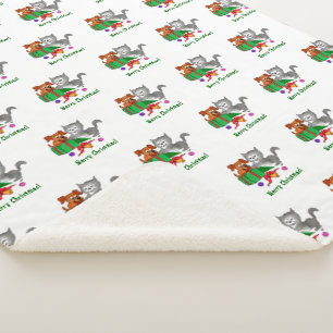 Merry Christmas with Cat and Puppy Sherpa Blanket