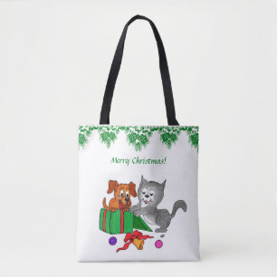Merry Christmas with Cat and Puppy Tote Bag