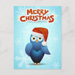Merry Christmas with cute owl and Santa's hat Holiday Postcard