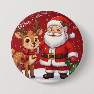 Merry Christmas with Cute Santa and Reindeer 7.5 Cm Round Badge