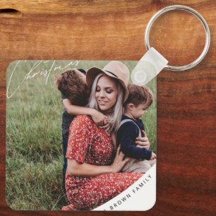 Merry Christmas with Family Metal Square Keychain