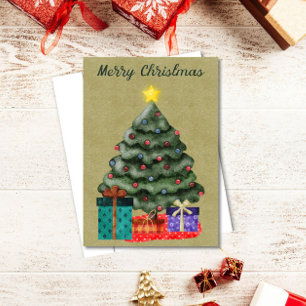 Merry Christmas with Gifts and Gold Star Holiday Card