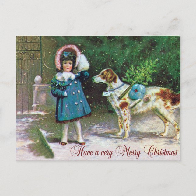 Merry Christmas with Girl and English Setter Holiday Postcard (Front)