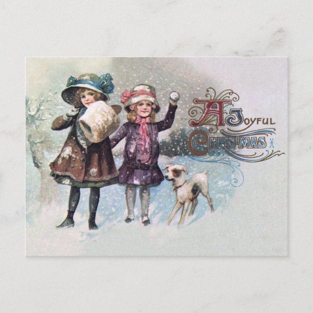 Merry Christmas with Girls with Jack Russell Holiday Postcard (Front)