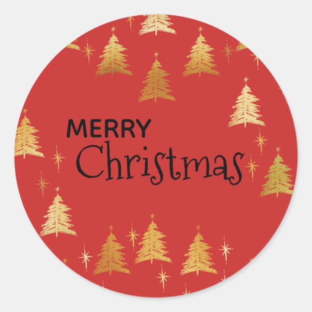 Merry Christmas with Gold Trees and Stars on Red Classic Round Sticker (Front)
