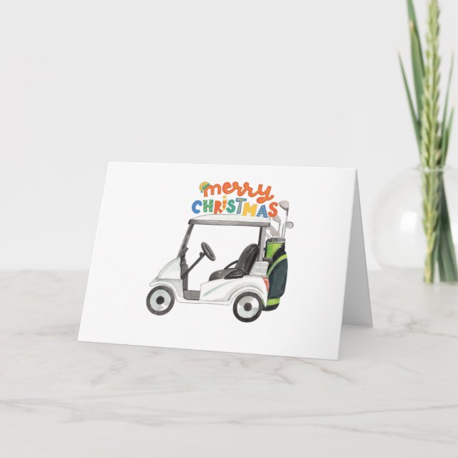 Merry Christmas with golf bag cart for golfer    Holiday Card (Front)