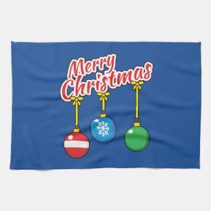 Merry Christmas with Hanging Balls Tea Towel
