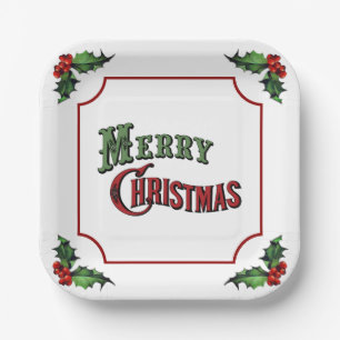 Merry Christmas with Holly Paper Plate
