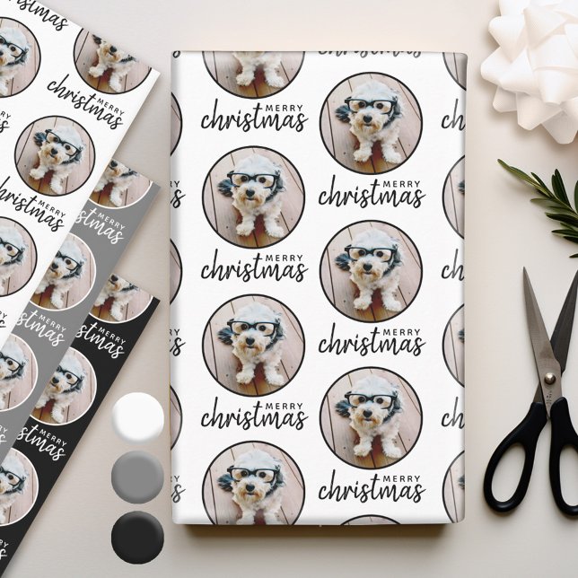 Merry Christmas with One Circle Photo - grey black Wrapping Paper Sheet (Personalized wrapping paper sheets)