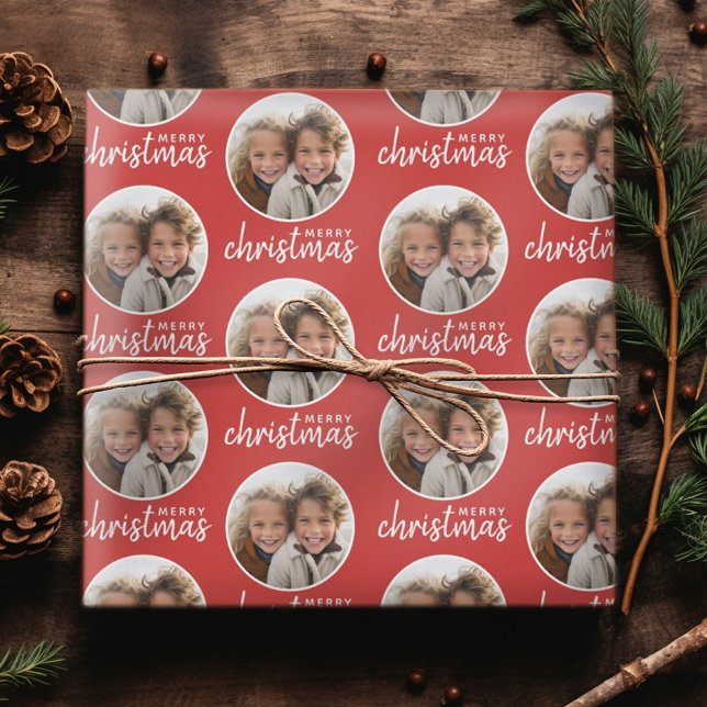Merry Christmas with One Circle Photo - red Wrapping Paper (Personalized Christmas Wrapping Paper - Add your Photo for a festive gift!)