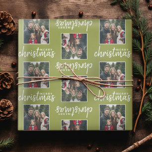Merry Christmas with One Square Photo - lime green Wrapping Paper