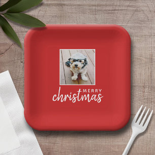 Merry Christmas with One Square Photo - red Paper Plate