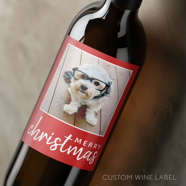 Merry Christmas with One Square Photo - red Wine Label (Custom Wine Bottle Label - Personalize a Sticker for a fun gift or memento)