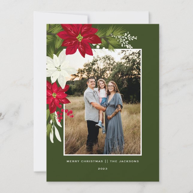 Merry Christmas with Poinsettias Green Holiday Card (Front)