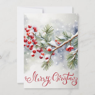 Merry Christmas with Red Berries and Pine Tree