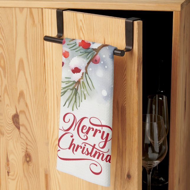 Merry Christmas with Red Berries Kitchen Towel (Thirds Fold)