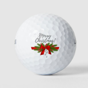 Merry  Christmas with red ribbon gift golfer Golf Balls