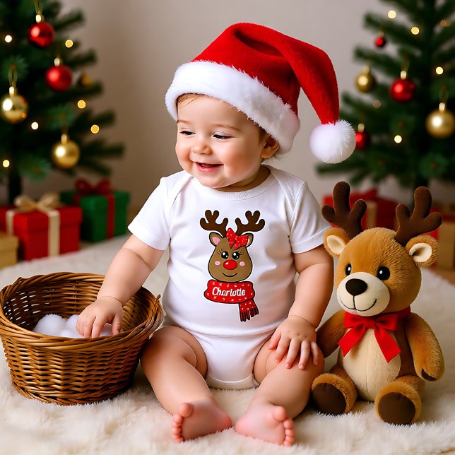 Merry Christmas with reindeer, customisable Baby Bodysuit (Merry Christmas with reindeer, customizable Baby Bodysuit, custom text like name)