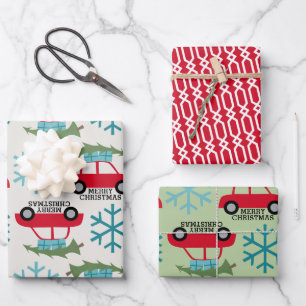 Merry Christmas with Retro Car Christmas Tree Gift Wrapping Paper Sheet