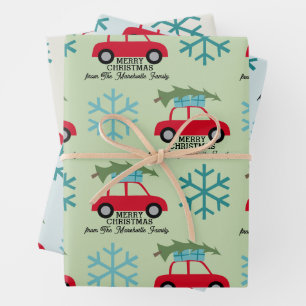 Merry Christmas with Retro Car Christmas Tree Gift Wrapping Paper Sheet