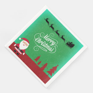Merry Christmas with Santa and his Reindeers Green Napkin