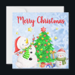 Merry Christmas with Snowman & Child w/ Tree Invitation<br><div class="desc">I hope this Christmas season is wonderful for you! This wintery invitation has everything you could want: a snowman,  a snowchild,  gifts,  a decorated tree,  and stars. A white snowflake pattern appears over a blue background,  framing the image.</div>