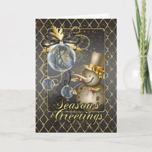 Merry Christmas With Snowman - Gold And Black Effe Holiday Card