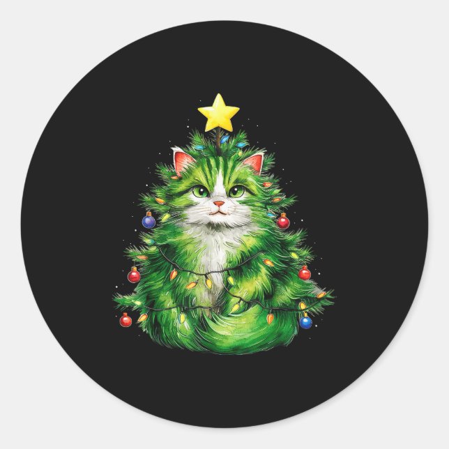 Merry Christmas With This Funny Christmas Tree Cat Classic Round Sticker (Front)