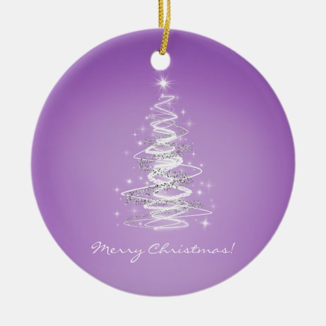 Merry Christmas with tree in purple Ceramic Tree Decoration (Front)