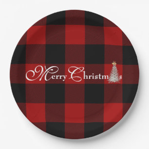 Merry Christmas with tree on buffalo plaid Paper Plate
