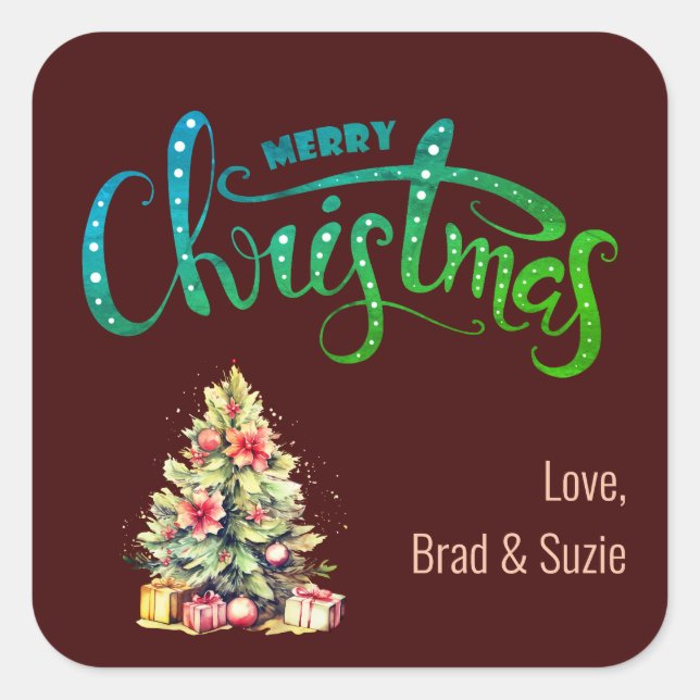Merry Christmas with Tree Personalised Sticker Tag (Front)