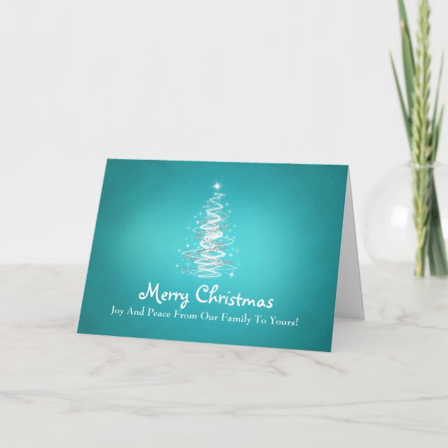 Merry Christmas with Tree sparkles in blue Holiday Card (Front)