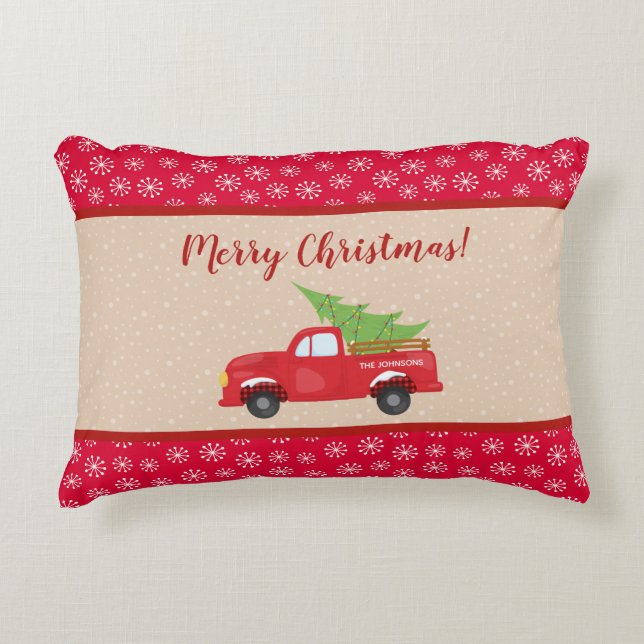 Merry Christmas with Truck and Tree, Family Name Decorative Cushion (Front)