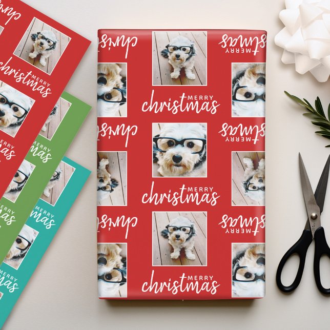 Merry Christmas with Two Square Photos 3 colours Wrapping Paper Sheet (Personalized Photo Wrapping Paper)