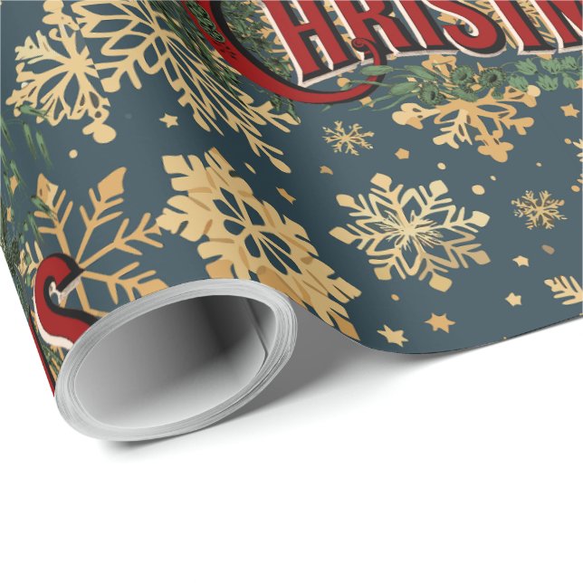 Merry Christmas with Vintage Gold Snowflakes Wrapping Paper (Roll Corner)