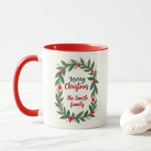 Merry Christmas With Wreath And Name Red Coffee Mug