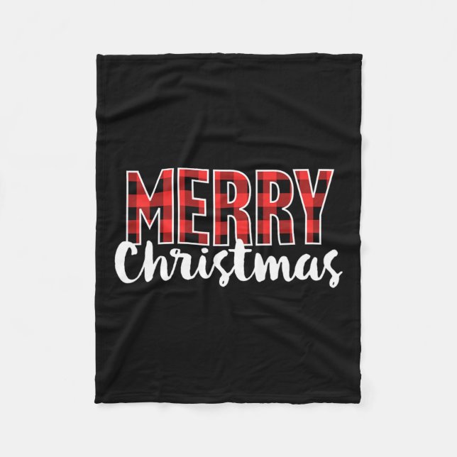 Merry Christmas Women Men Kids Red Buffalo Plaid X Fleece Blanket (Front)