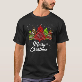 Merry Christmas Womens Girls Buffalo Plaid Leopard T-Shirt