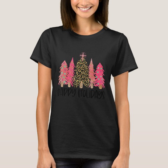 merry Christmas womens pink tree christmas leopard T-Shirt (Front)