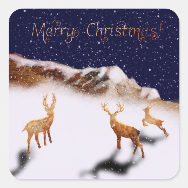 Merry Christmas - wood deers and mountains in snow Square Sticker (Front)