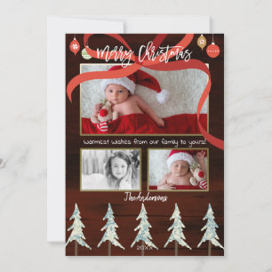 Merry Christmas Wood & Pine Trees 4 Photo Holiday Card