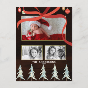 Merry Christmas Wood & Pine Trees 4 Photo Holiday Postcard
