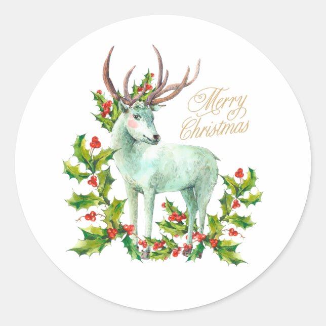 Merry Christmas Woodland Deer and Holly Berry Classic Round Sticker (Front)