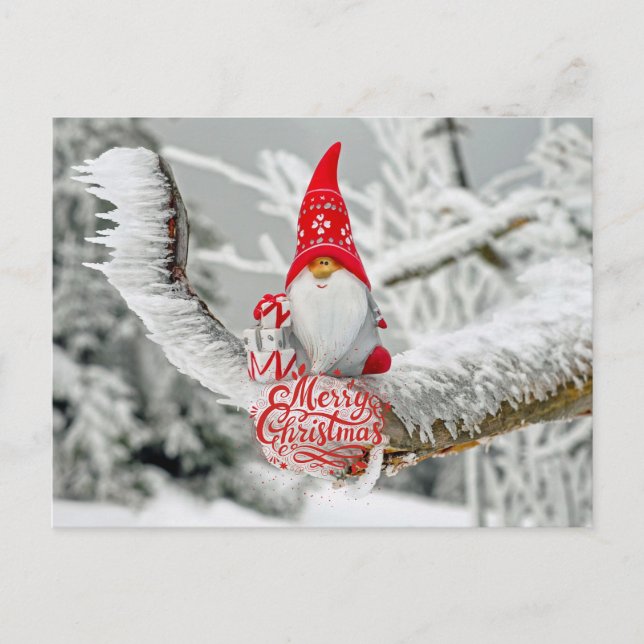 Merry Christmas Woodland Gnome with Gifts Holiday Postcard (Front)